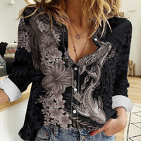 Hawaiian Tropical Plants Turtle and Shark Women Casual Shirt Polynesian Art Tattoo Grayscale Color