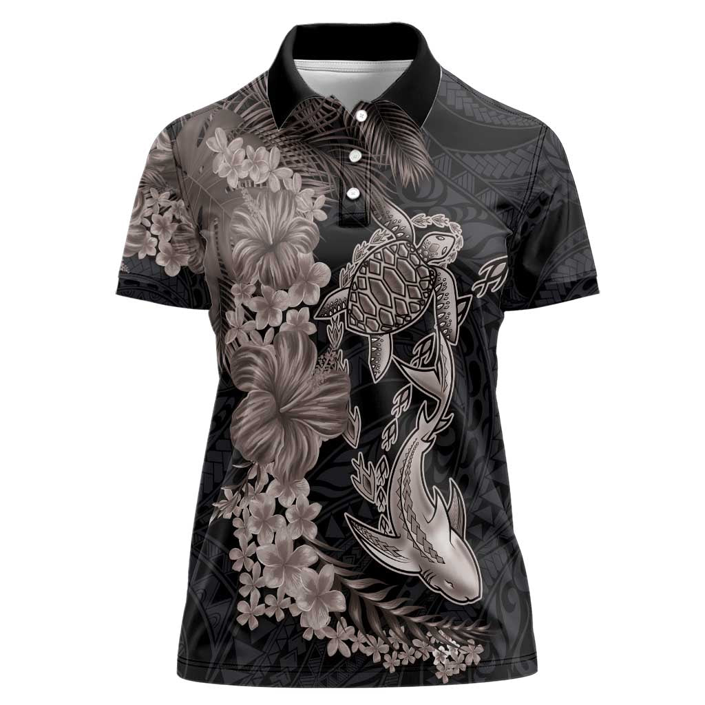 Hawaiian Tropical Plants Turtle and Shark Women Polo Shirt Polynesian Art Tattoo Grayscale Color