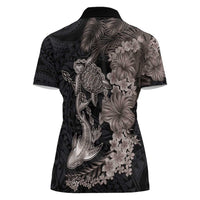 Hawaiian Tropical Plants Turtle and Shark Women Polo Shirt Polynesian Art Tattoo Grayscale Color