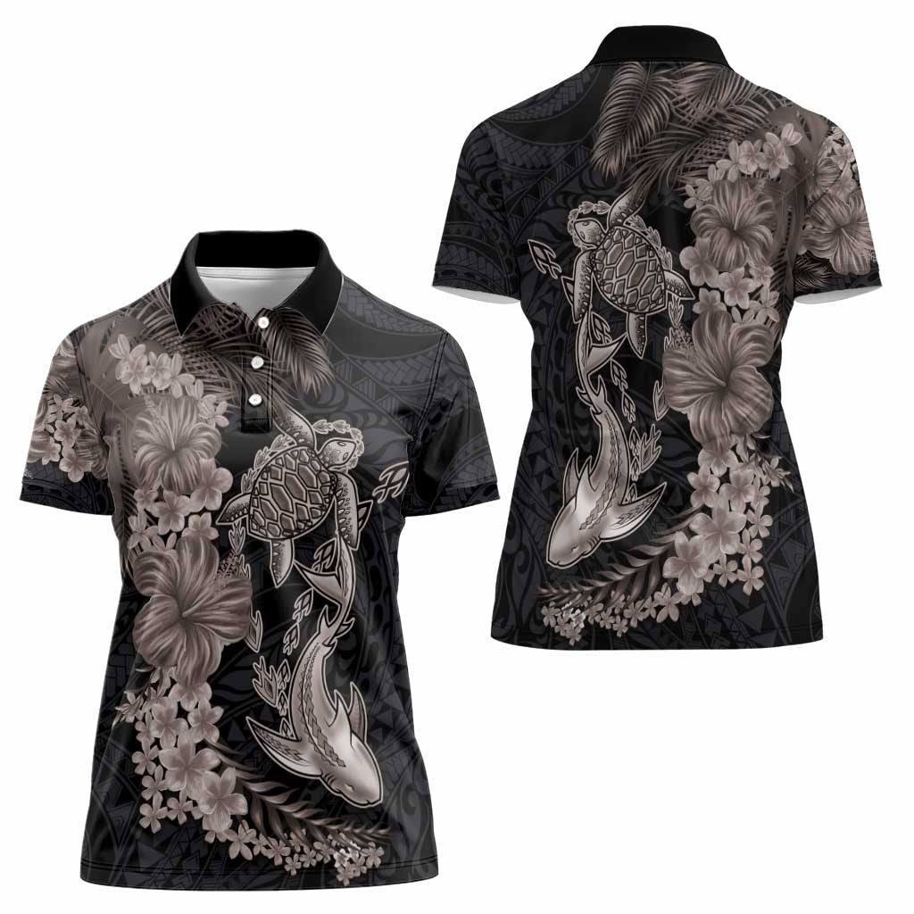Hawaiian Tropical Plants Turtle and Shark Women Polo Shirt Polynesian Art Tattoo Grayscale Color