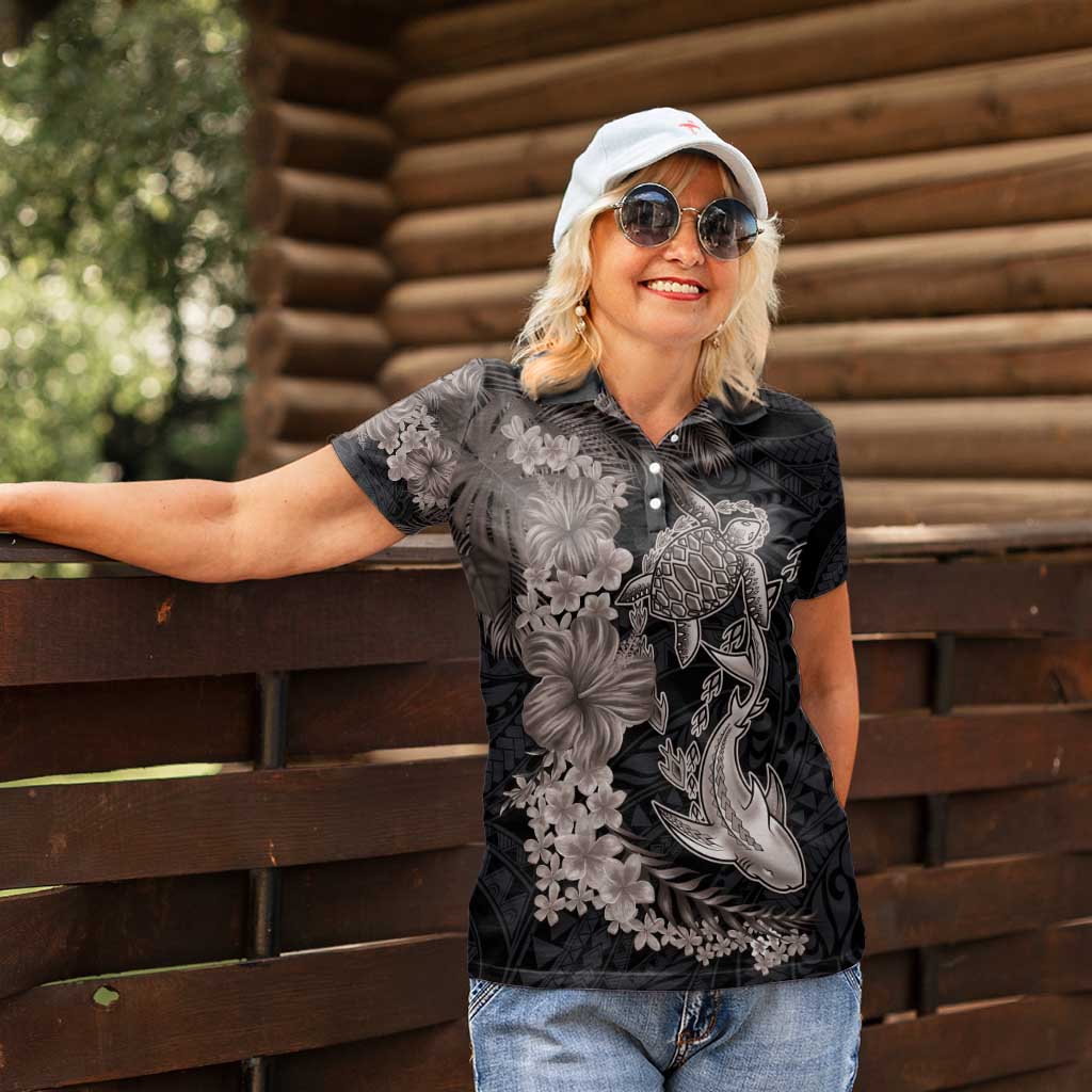 Hawaiian Tropical Plants Turtle and Shark Women Polo Shirt Polynesian Art Tattoo Grayscale Color