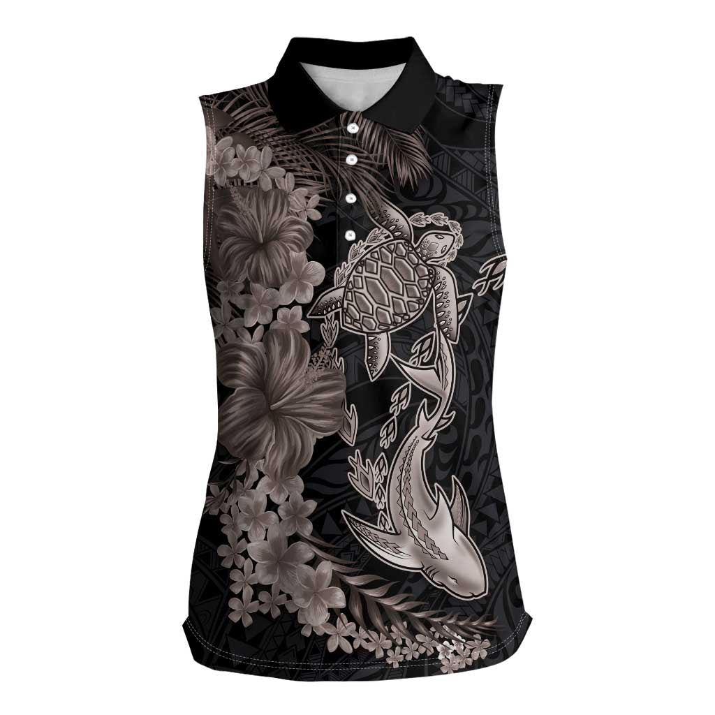 Hawaiian Tropical Plants Turtle and Shark Women Sleeveless Polo Shirt Polynesian Art Tattoo Grayscale Color