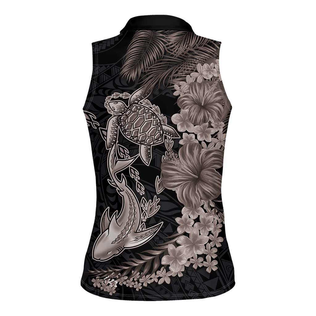 Hawaiian Tropical Plants Turtle and Shark Women Sleeveless Polo Shirt Polynesian Art Tattoo Grayscale Color