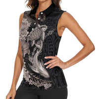 Hawaiian Tropical Plants Turtle and Shark Women Sleeveless Polo Shirt Polynesian Art Tattoo Grayscale Color