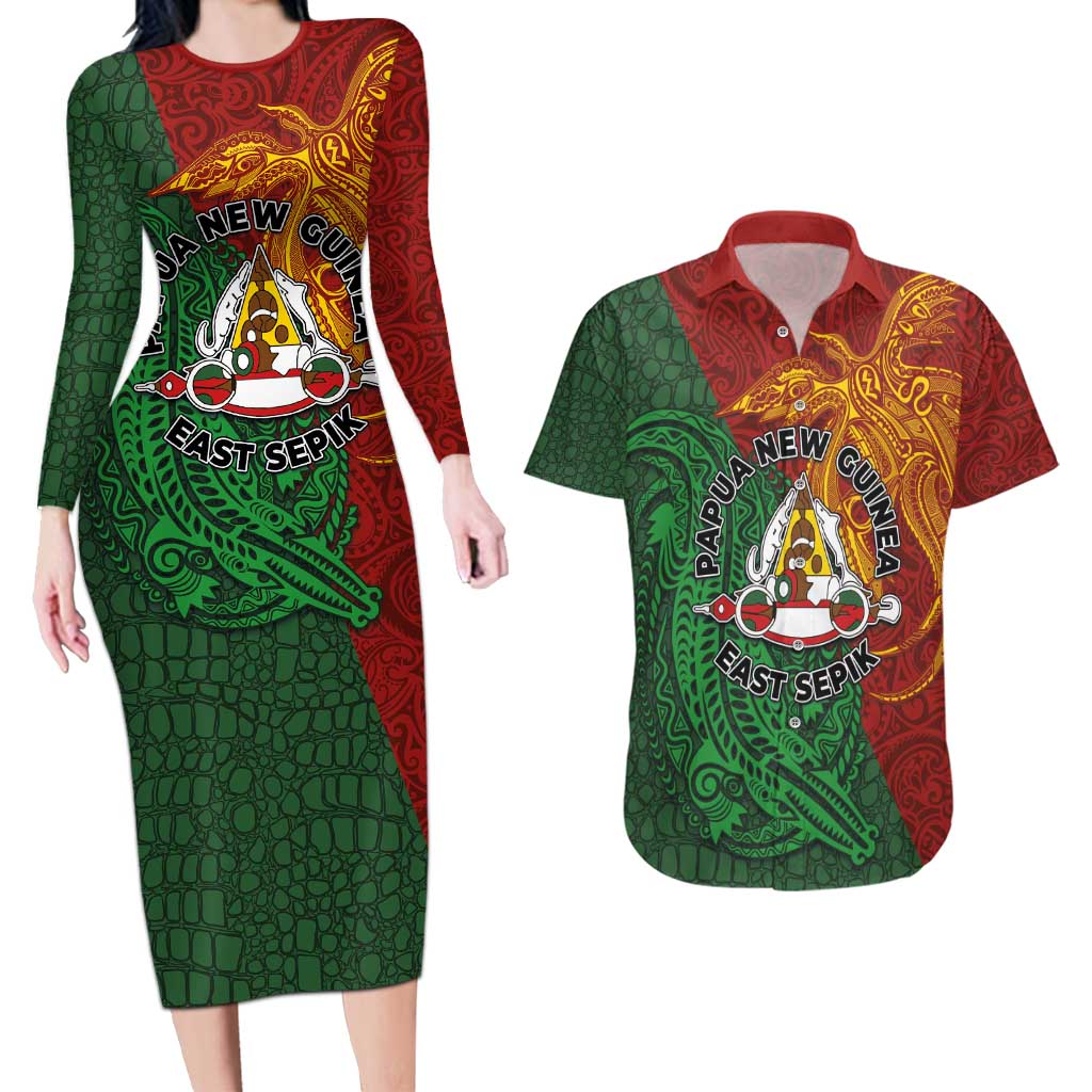 Papua New Guinea East Sepik Province Couples Matching Long Sleeve Bodycon Dress and Hawaiian Shirt Tribal Crocodile Birds of Paradise Melanesian Tattoo