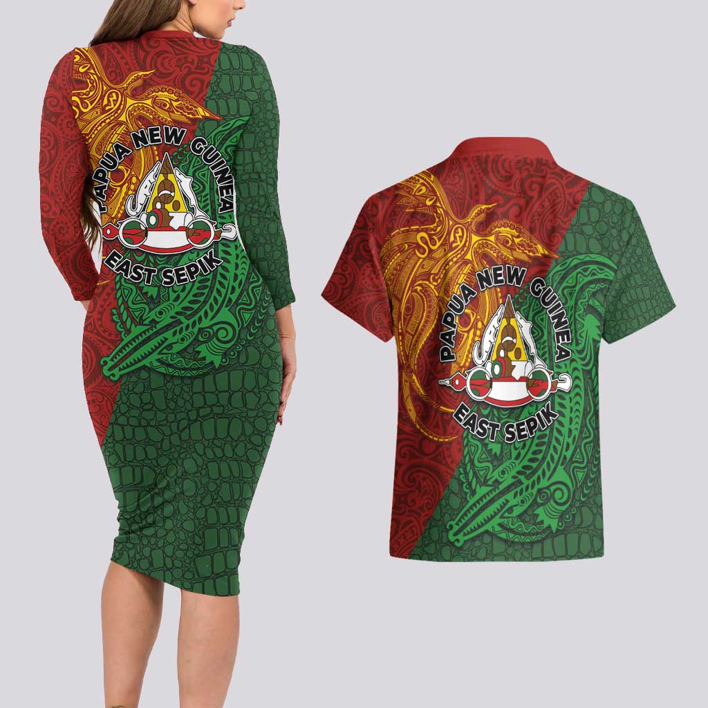 Papua New Guinea East Sepik Province Couples Matching Long Sleeve Bodycon Dress and Hawaiian Shirt Tribal Crocodile Birds of Paradise Melanesian Tattoo