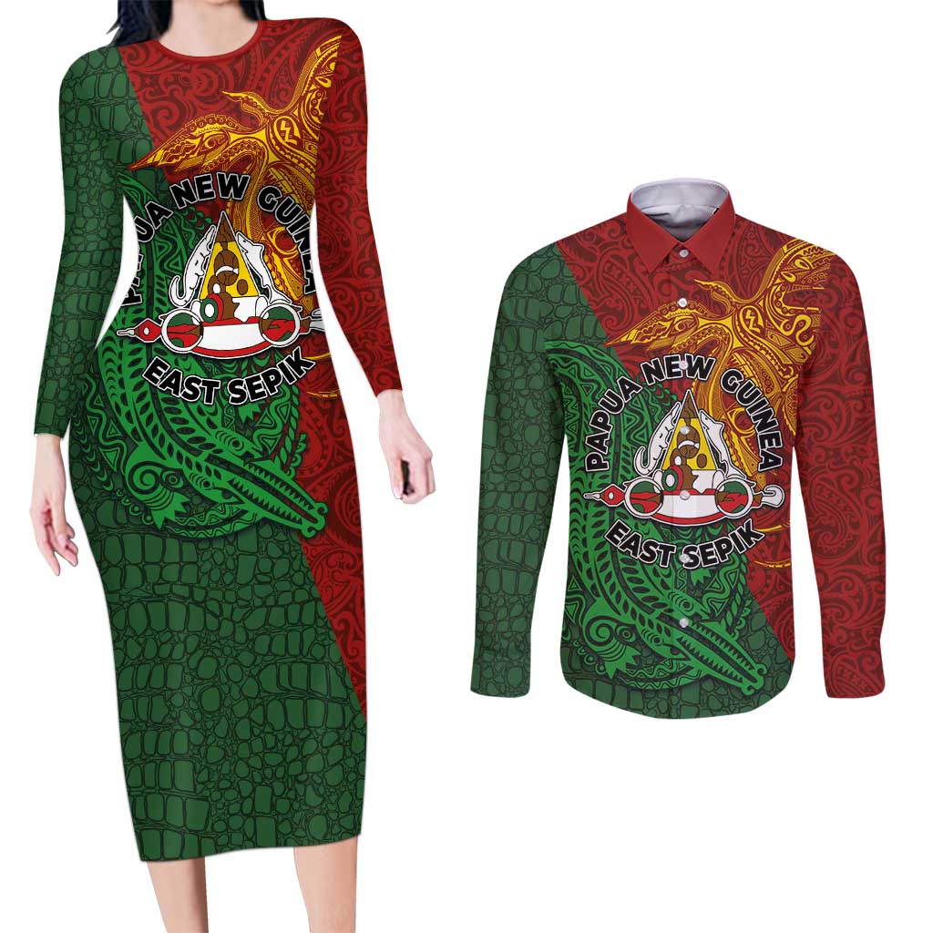 Papua New Guinea East Sepik Province Couples Matching Long Sleeve Bodycon Dress and Long Sleeve Button Shirt Tribal Crocodile Birds of Paradise Melanesian Tattoo