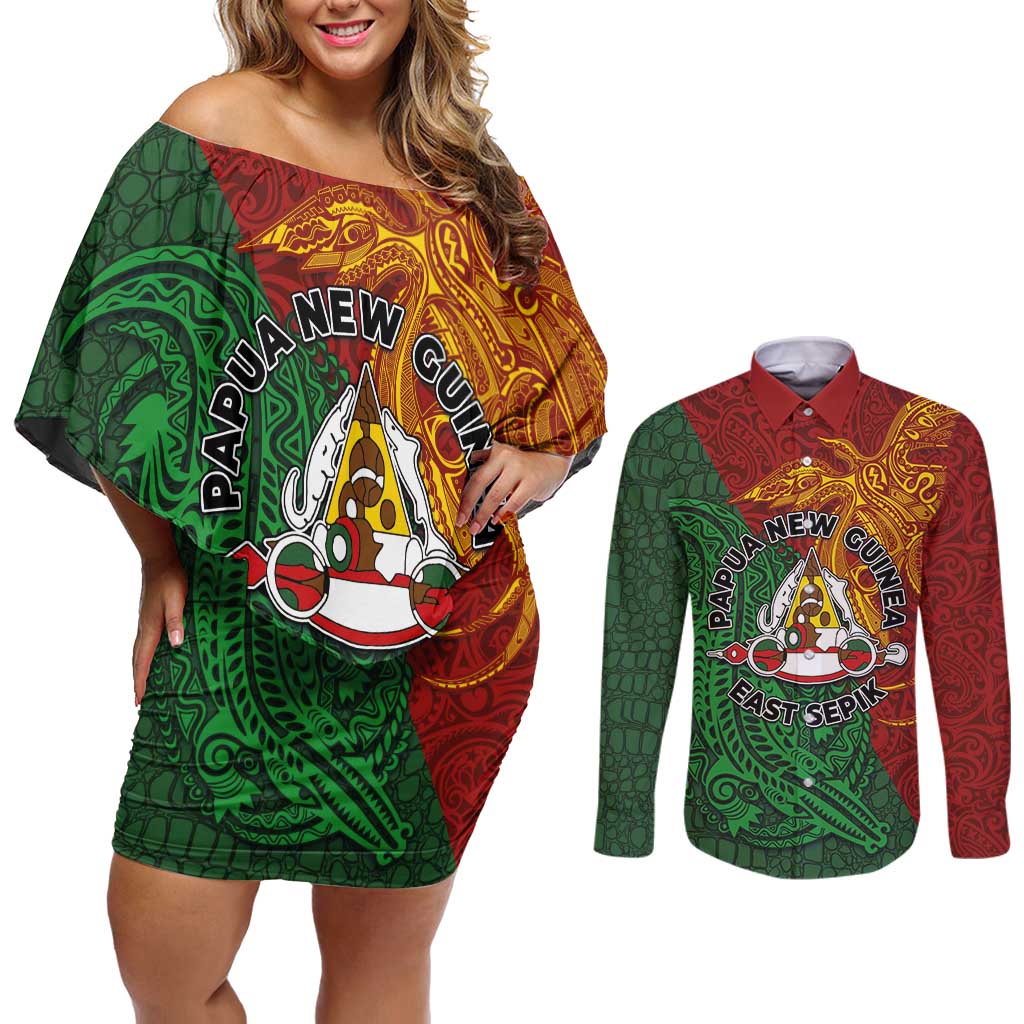 Papua New Guinea East Sepik Province Couples Matching Off Shoulder Short Dress and Long Sleeve Button Shirt Tribal Crocodile Birds of Paradise Melanesian Tattoo