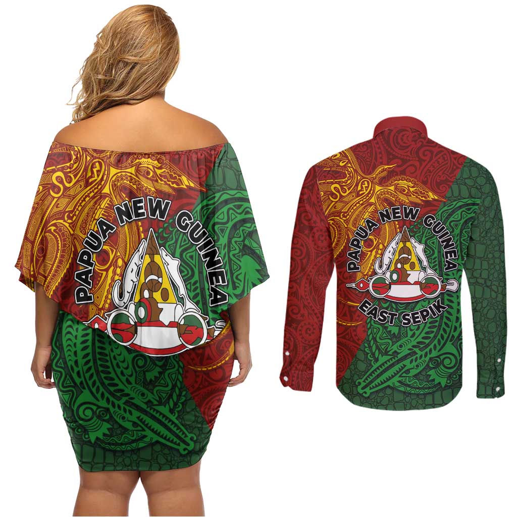Papua New Guinea East Sepik Province Couples Matching Off Shoulder Short Dress and Long Sleeve Button Shirt Tribal Crocodile Birds of Paradise Melanesian Tattoo