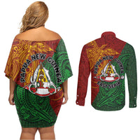 Papua New Guinea East Sepik Province Couples Matching Off Shoulder Short Dress and Long Sleeve Button Shirt Tribal Crocodile Birds of Paradise Melanesian Tattoo