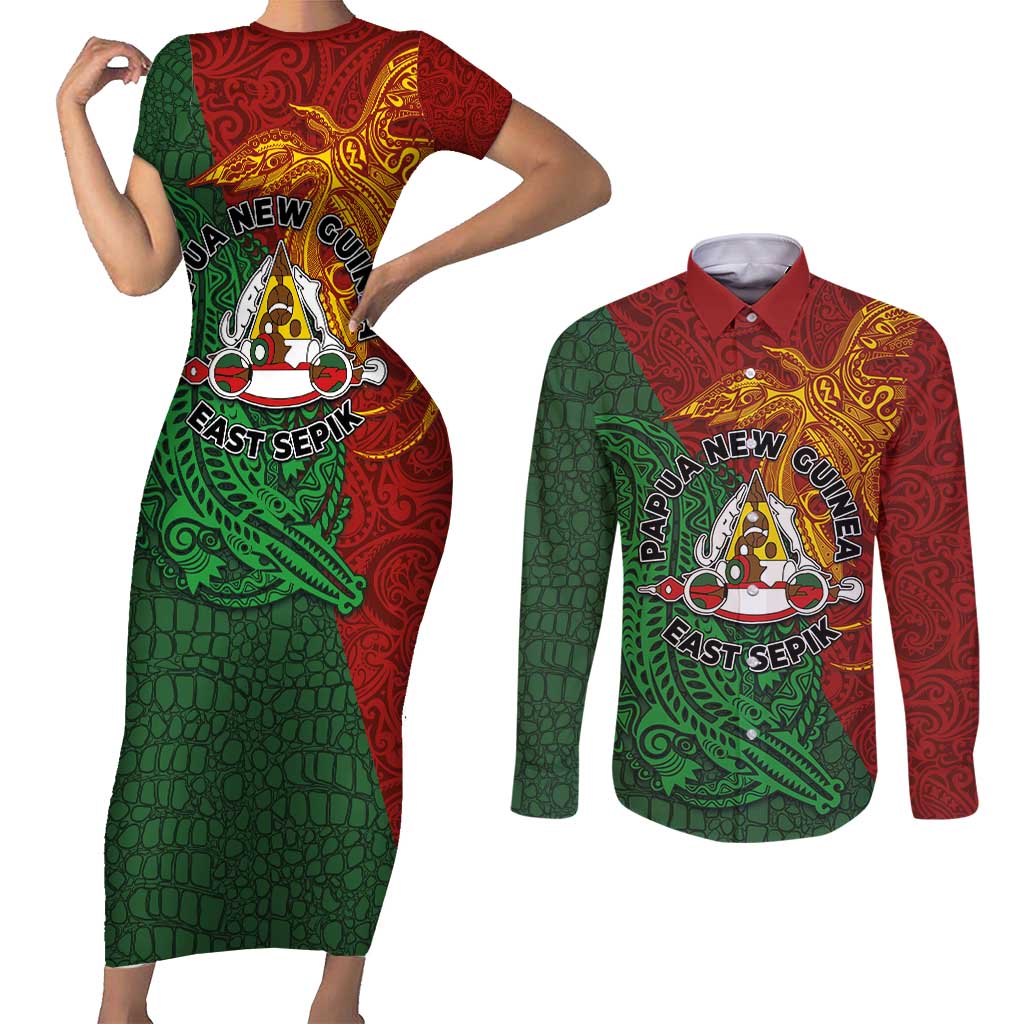 Papua New Guinea East Sepik Province Couples Matching Short Sleeve Bodycon Dress and Long Sleeve Button Shirt Tribal Crocodile Birds of Paradise Melanesian Tattoo