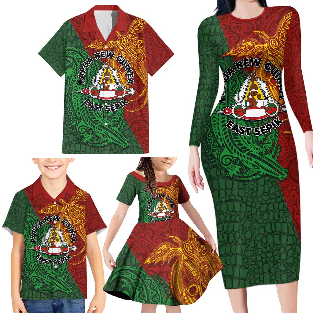 Papua New Guinea East Sepik Province Family Matching Long Sleeve Bodycon Dress and Hawaiian Shirt Tribal Crocodile Birds of Paradise Melanesian Tattoo