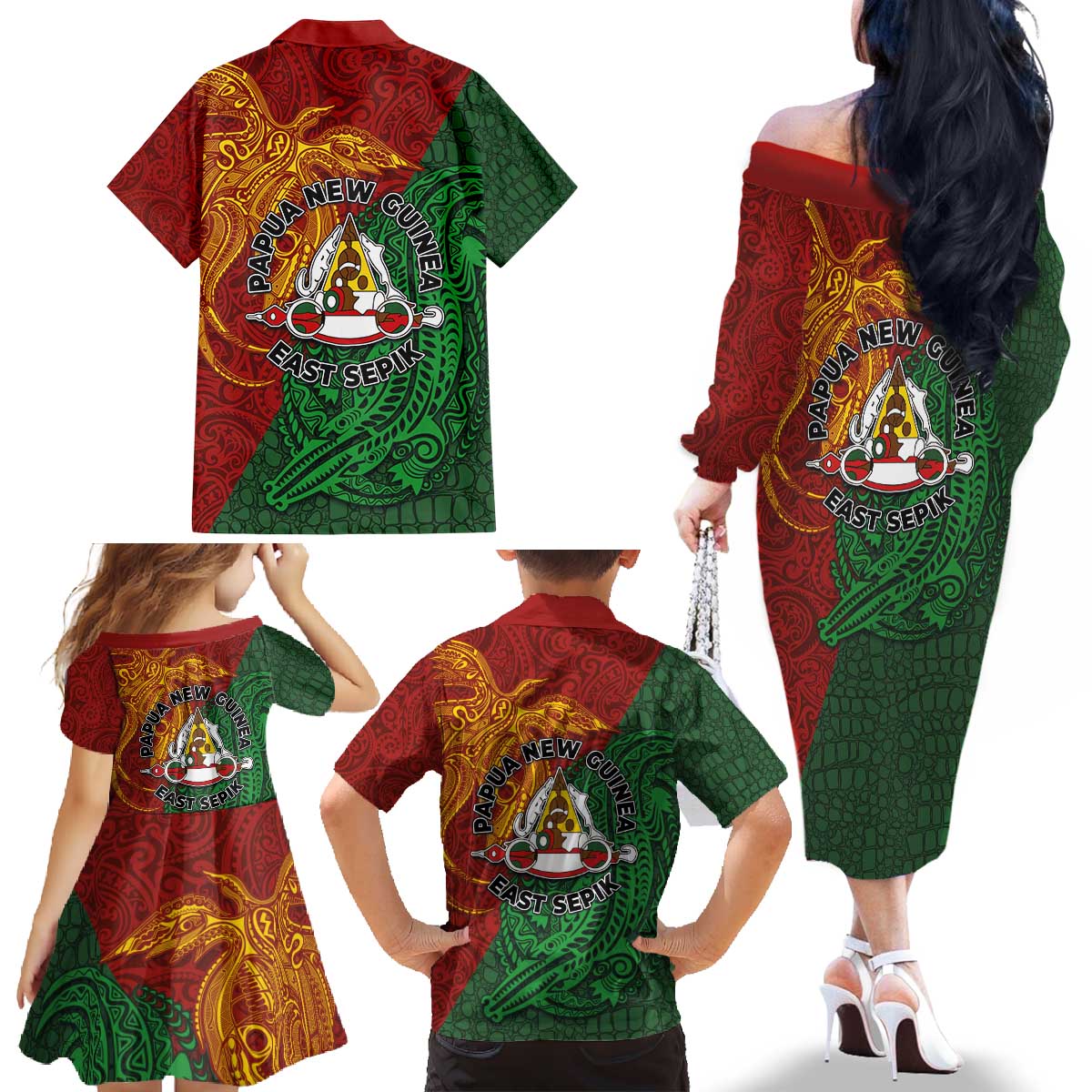 Papua New Guinea East Sepik Province Family Matching Off The Shoulder Long Sleeve Dress and Hawaiian Shirt Tribal Crocodile Birds of Paradise Melanesian Tattoo