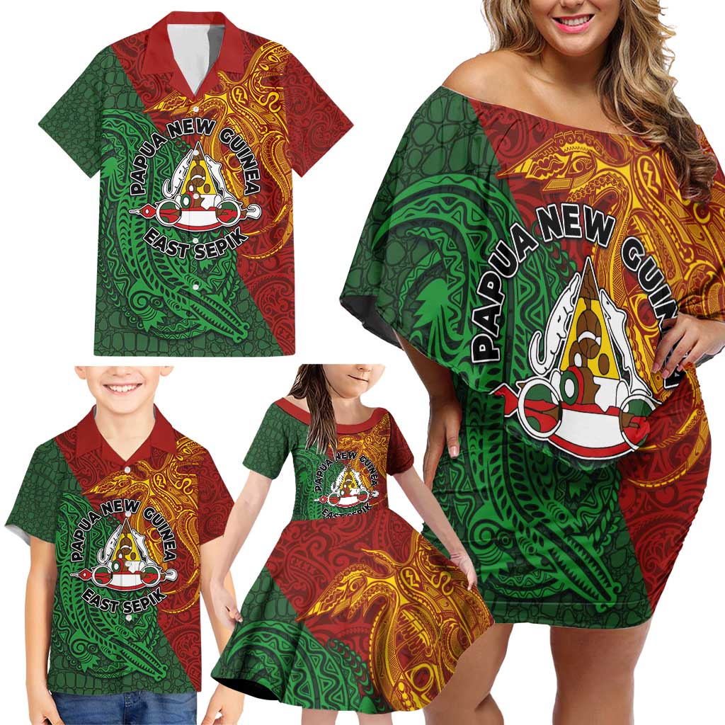 Papua New Guinea East Sepik Province Family Matching Off Shoulder Short Dress and Hawaiian Shirt Tribal Crocodile Birds of Paradise Melanesian Tattoo