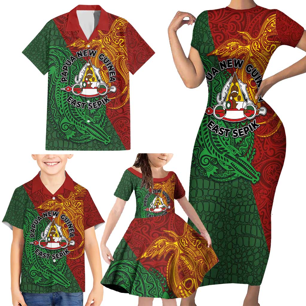 Papua New Guinea East Sepik Province Family Matching Short Sleeve Bodycon Dress and Hawaiian Shirt Tribal Crocodile Birds of Paradise Melanesian Tattoo