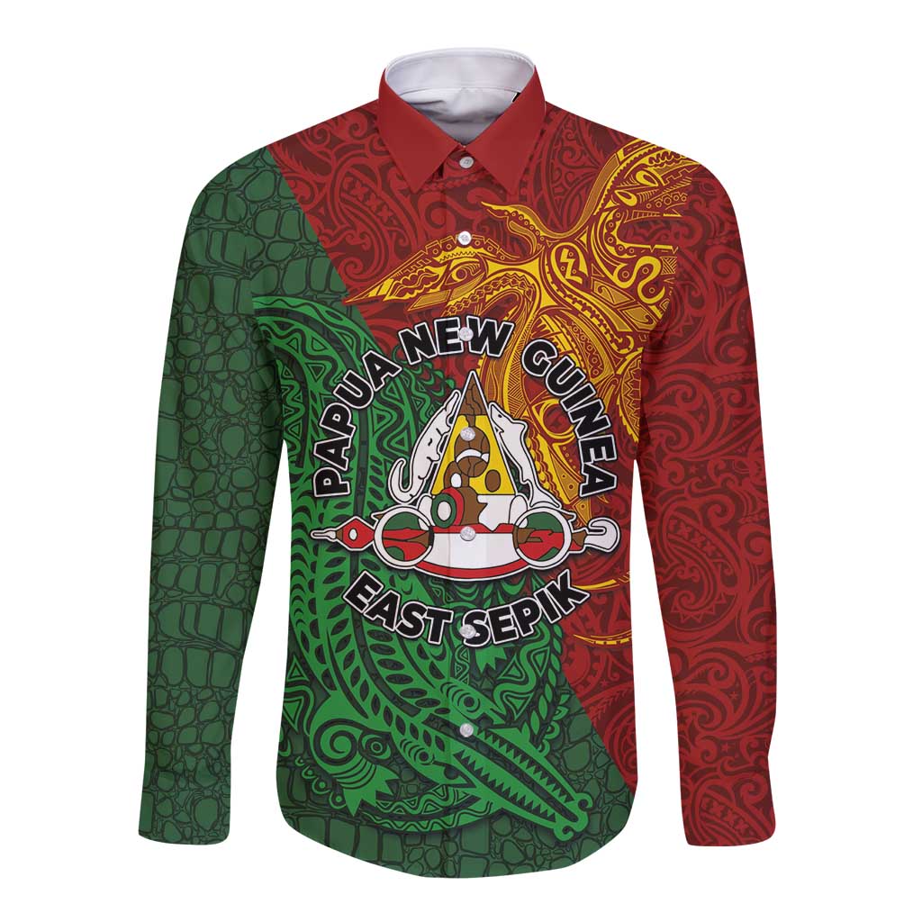 Papua New Guinea East Sepik Province Long Sleeve Button Shirt Tribal Crocodile Birds of Paradise Melanesian Tattoo