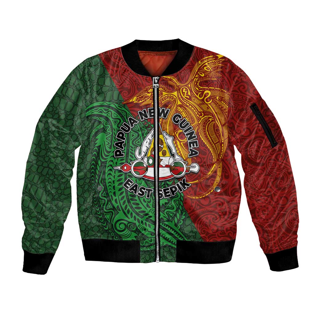 Papua New Guinea East Sepik Province Sleeve Zip Bomber Jacket Tribal Crocodile Birds of Paradise Melanesian Tattoo