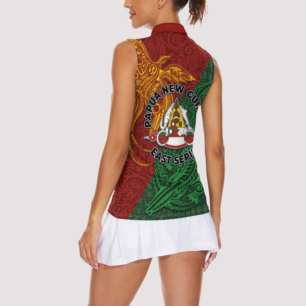 Papua New Guinea East Sepik Province Women Sleeveless Polo Shirt Tribal Crocodile Birds of Paradise Melanesian Tattoo