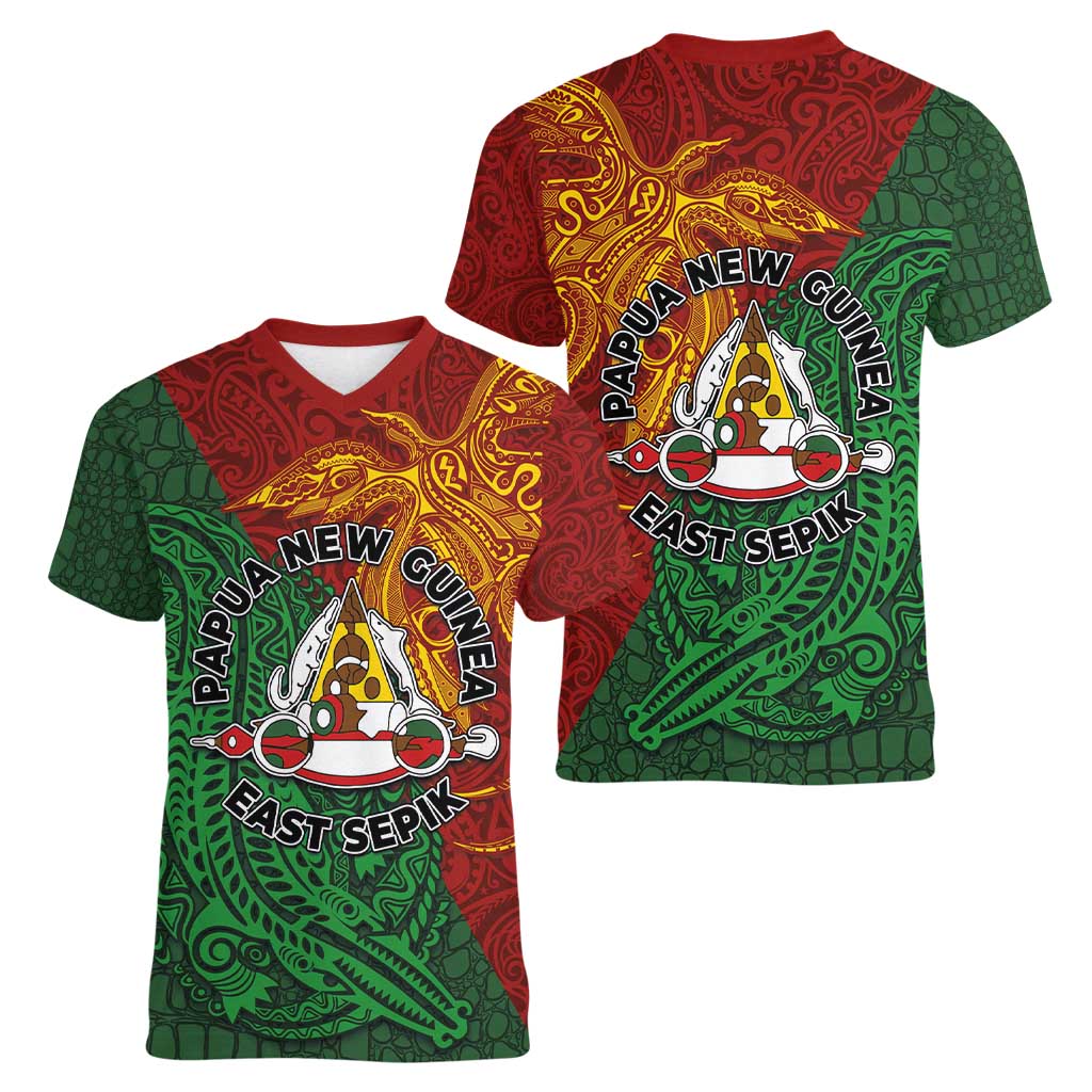 Papua New Guinea East Sepik Province Women V-Neck T-Shirt Tribal Crocodile Birds of Paradise Melanesian Tattoo