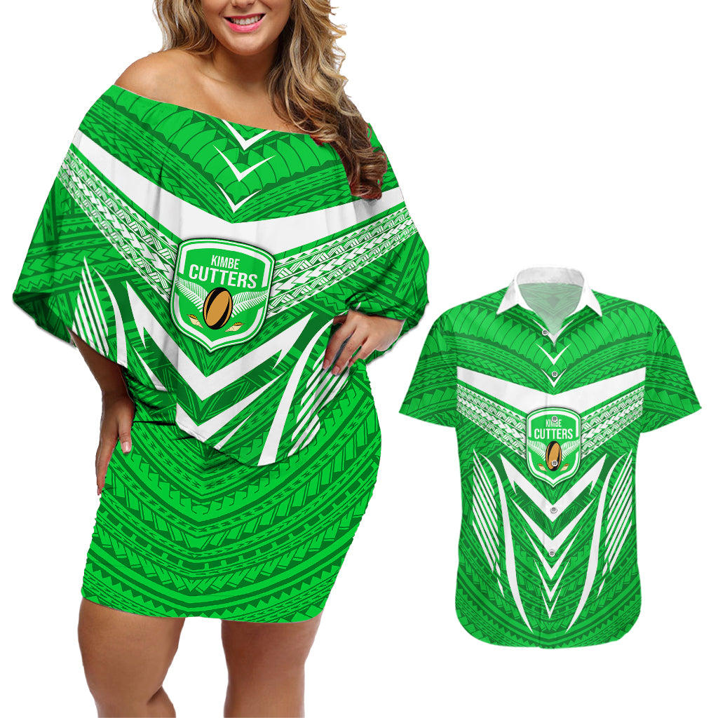 Kimbe Cutters Rugby Couples Matching Off Shoulder Short Dress and Hawaiian Shirt Papua New Guinea Polynesian Tattoo Green Version LT03 Green - Polynesian Pride