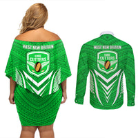 Kimbe Cutters Rugby Couples Matching Off Shoulder Short Dress and Long Sleeve Button Shirts Papua New Guinea Polynesian Tattoo Green Version LT03 - Polynesian Pride