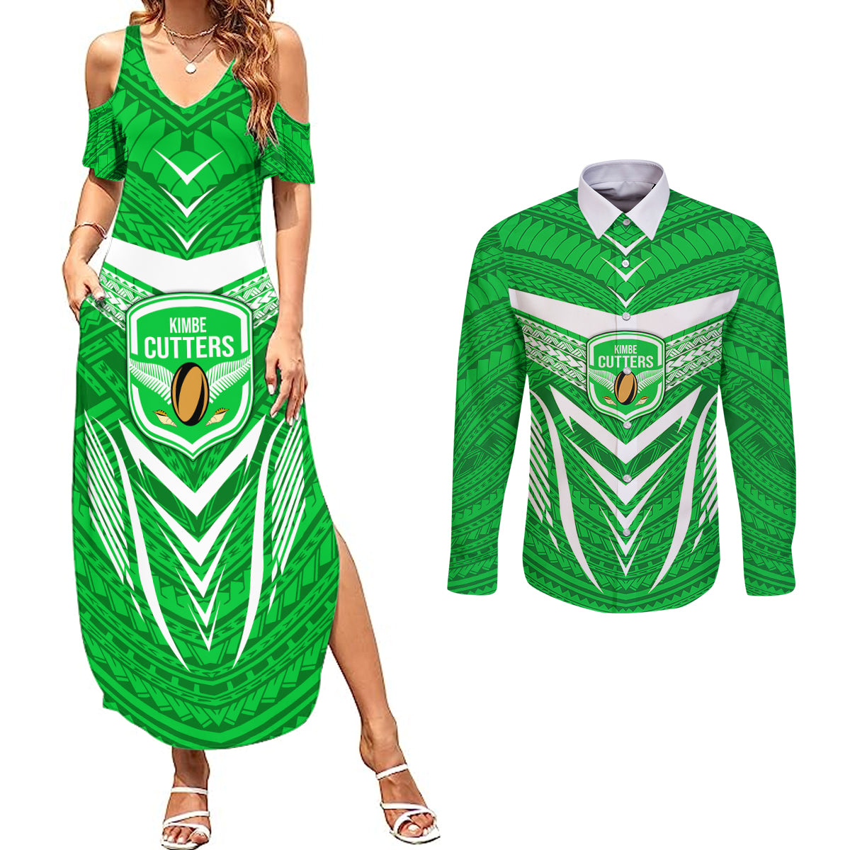 Kimbe Cutters Rugby Couples Matching Summer Maxi Dress and Long Sleeve Button Shirts Papua New Guinea Polynesian Tattoo Green Version LT03 Green - Polynesian Pride