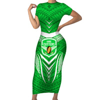 Kimbe Cutters Rugby Family Matching Short Sleeve Bodycon Dress and Hawaiian Shirt Papua New Guinea Polynesian Tattoo Green Version LT03 Mom's Dress Green - Polynesian Pride