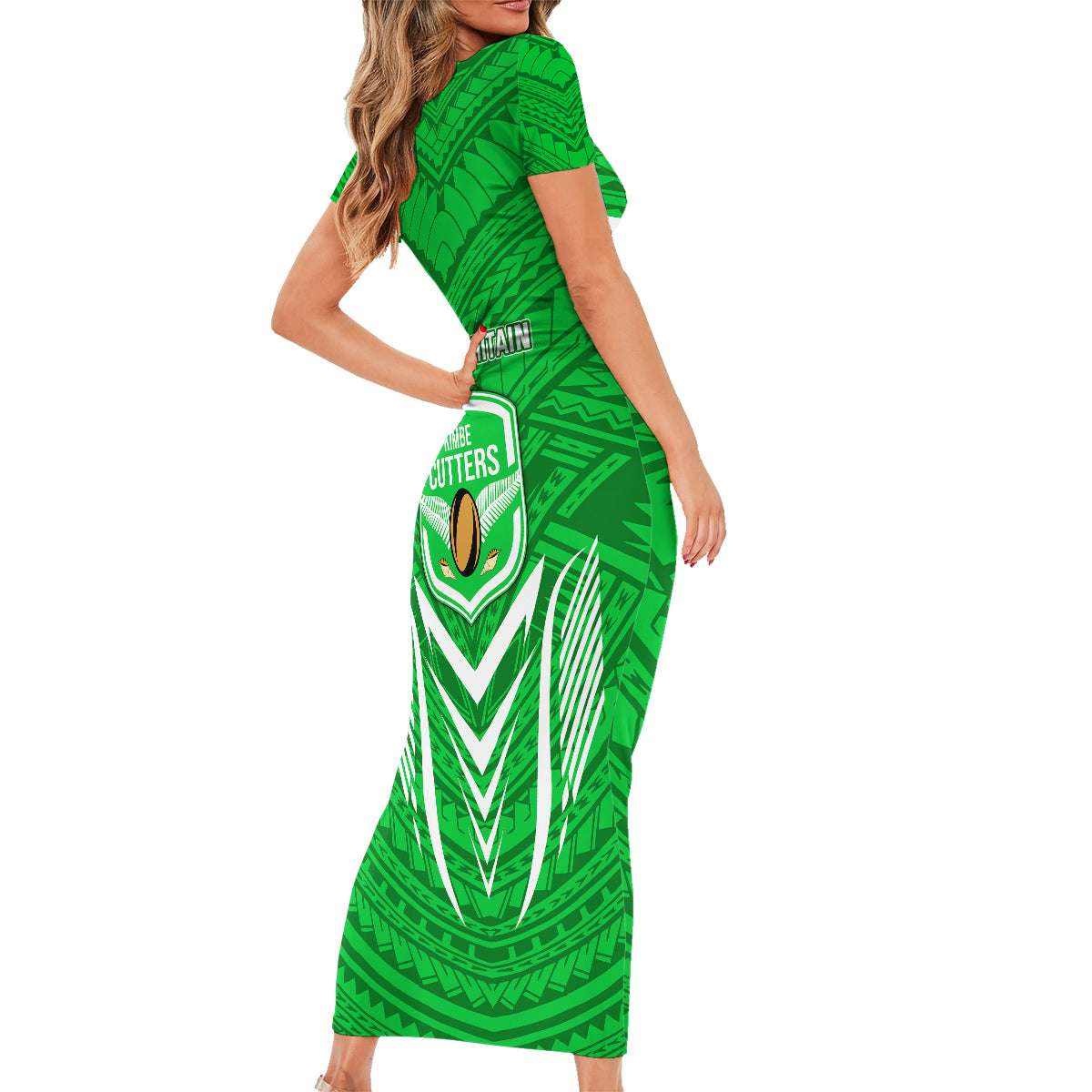 Kimbe Cutters Rugby Family Matching Short Sleeve Bodycon Dress and Hawaiian Shirt Papua New Guinea Polynesian Tattoo Green Version LT03 - Polynesian Pride