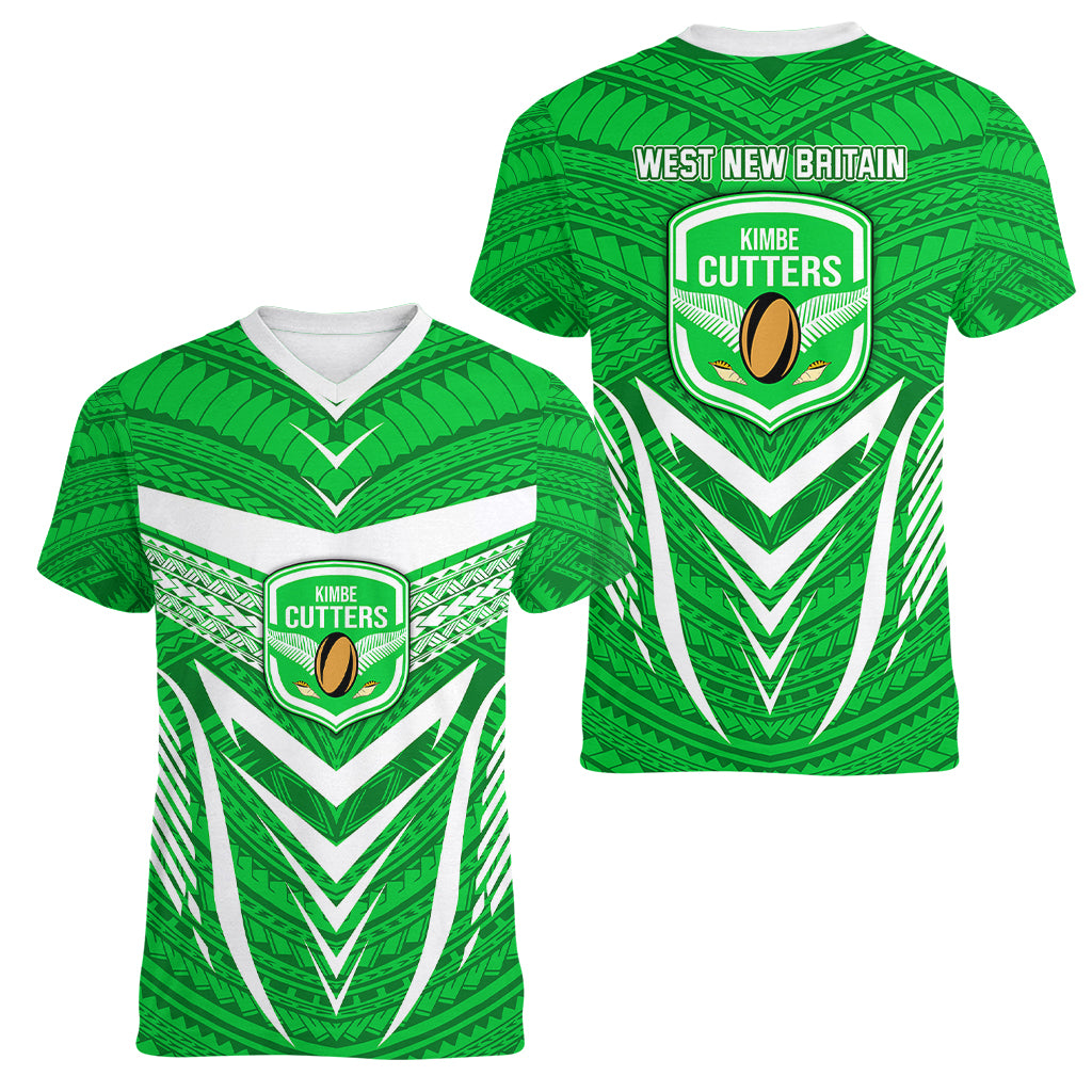 Kimbe Cutters Rugby Women V Neck T Shirt Papua New Guinea Polynesian Tattoo Green Version LT03 - Polynesian Pride