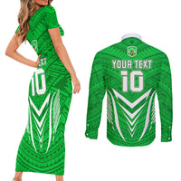 Custom Kimbe Cutters Rugby Couples Matching Short Sleeve Bodycon Dress and Long Sleeve Button Shirts Papua New Guinea Polynesian Tattoo Green Version LT03 - Polynesian Pride