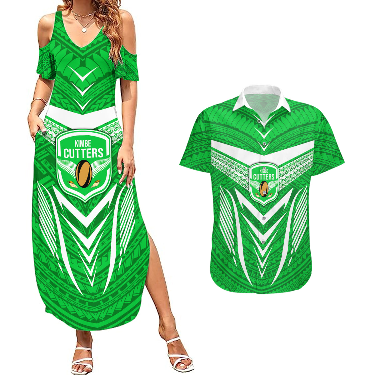 Custom Kimbe Cutters Rugby Couples Matching Summer Maxi Dress and Hawaiian Shirt Papua New Guinea Polynesian Tattoo Green Version LT03 Green - Polynesian Pride