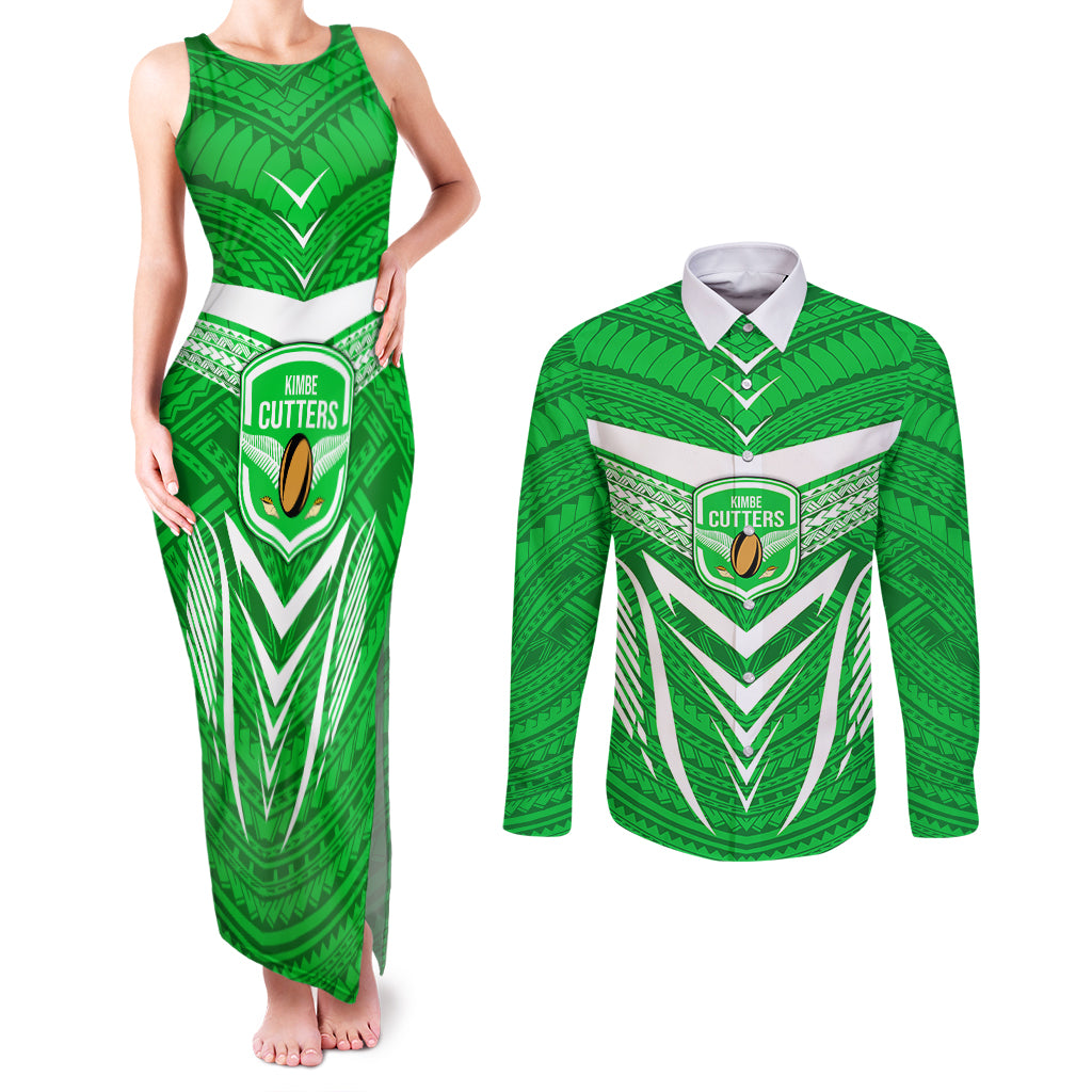 Custom Kimbe Cutters Rugby Couples Matching Tank Maxi Dress and Long Sleeve Button Shirts Papua New Guinea Polynesian Tattoo Green Version LT03 Green - Polynesian Pride