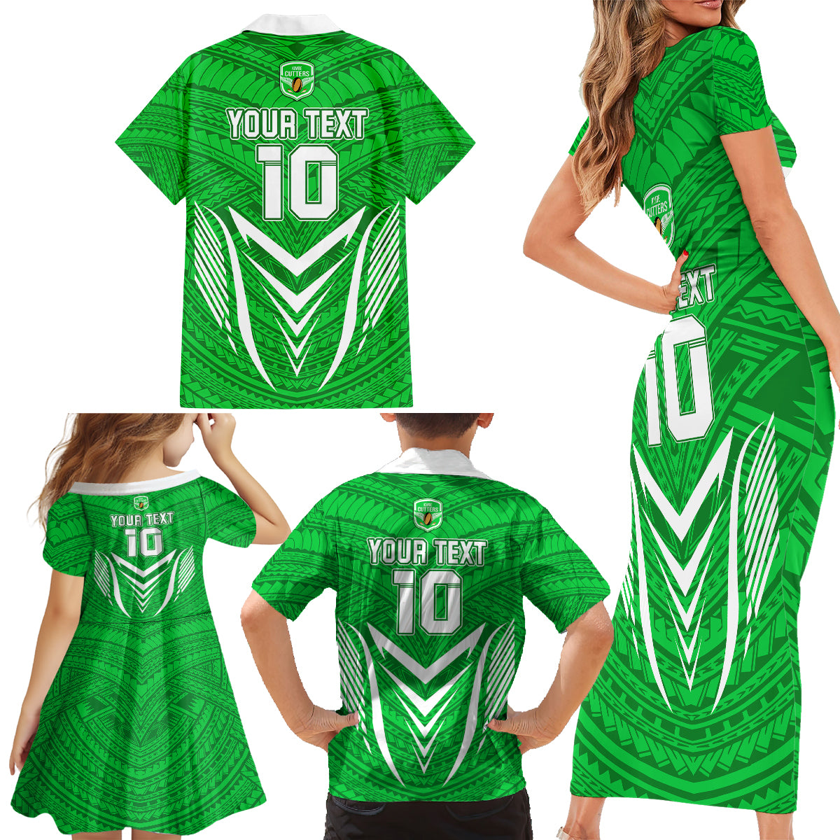 Custom Kimbe Cutters Rugby Family Matching Short Sleeve Bodycon Dress and Hawaiian Shirt Papua New Guinea Polynesian Tattoo Green Version LT03 - Polynesian Pride