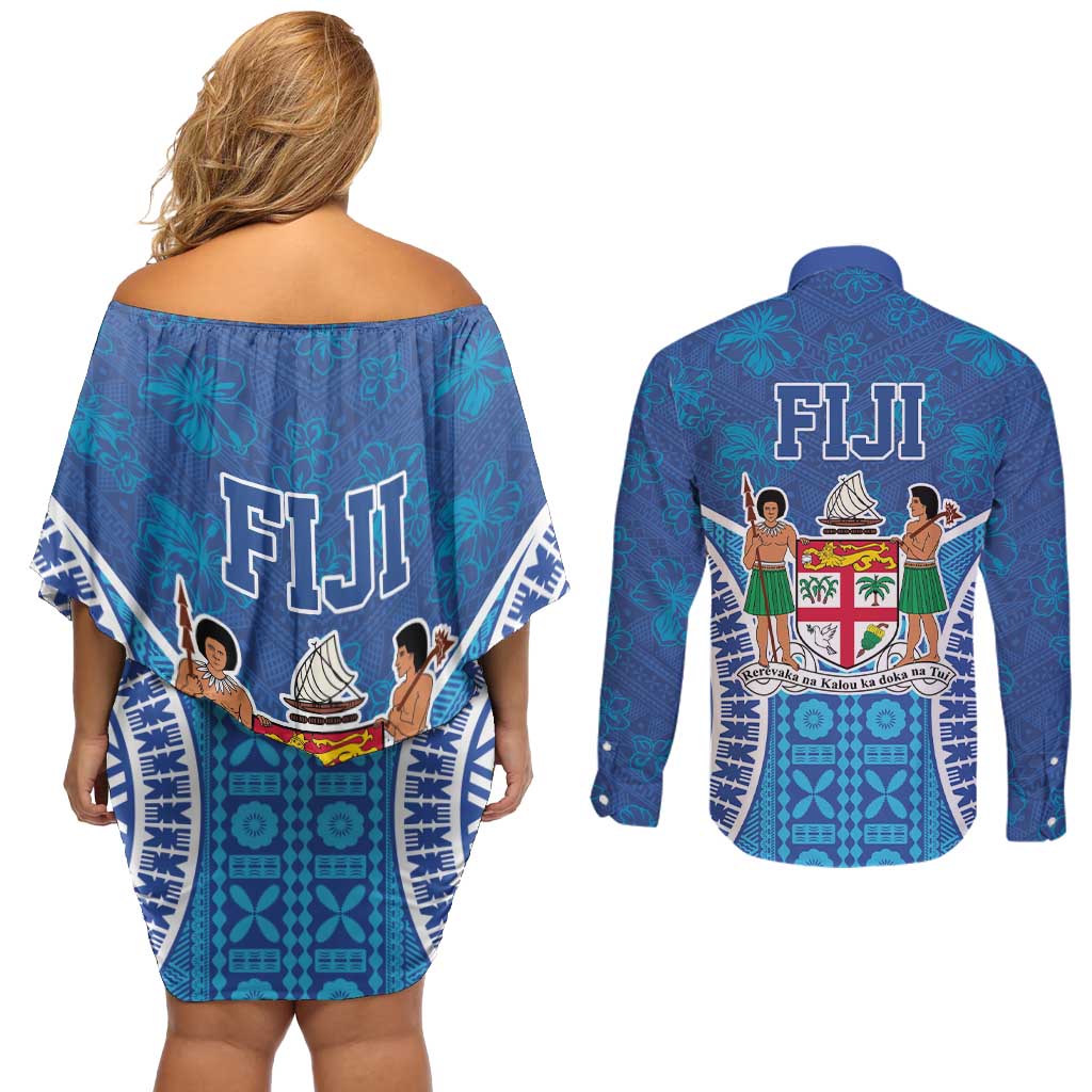 Fiji Day Couples Matching Off Shoulder Short Dress and Long Sleeve Button Shirt Fijian Masi Tribal Hibiscus Tattoo and Tapa Pattern