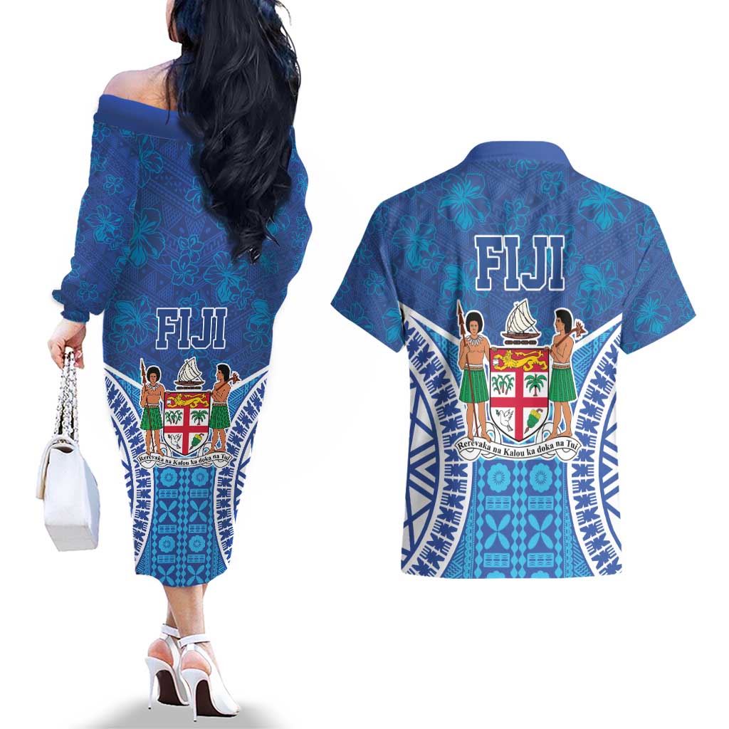 Fiji Day Couples Matching Off The Shoulder Long Sleeve Dress and Hawaiian Shirt Fijian Masi Tribal Hibiscus Tattoo and Tapa Pattern