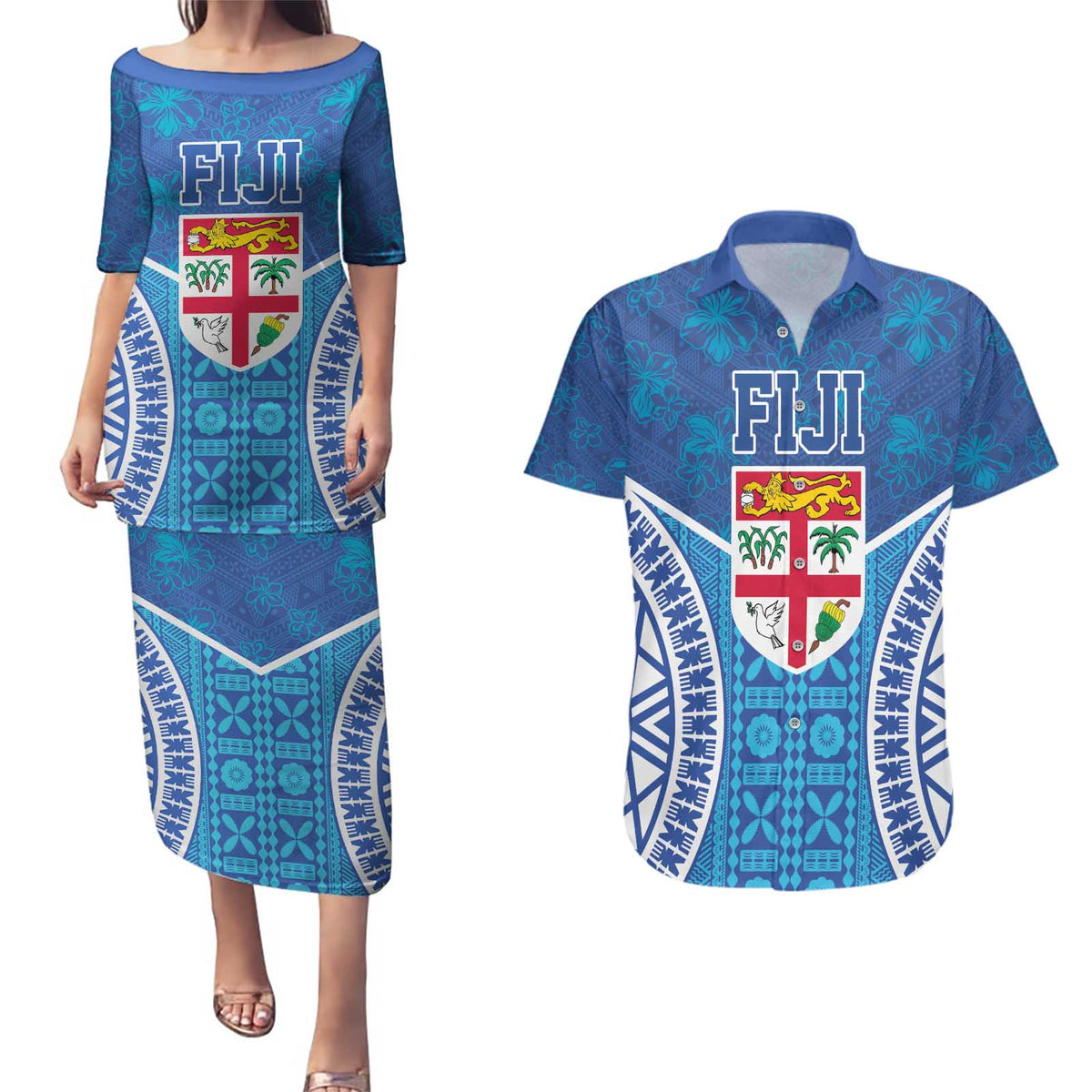 Fiji Day Couples Matching Puletasi and Hawaiian Shirt Fijian Masi Tribal Hibiscus Tattoo and Tapa Pattern