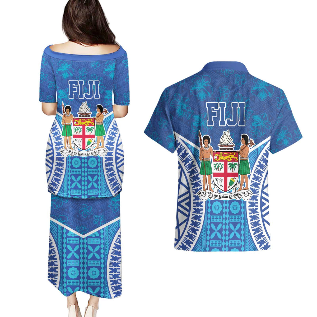 Fiji Day Couples Matching Puletasi and Hawaiian Shirt Fijian Masi Tribal Hibiscus Tattoo and Tapa Pattern