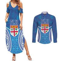 Fiji Day Couples Matching Summer Maxi Dress and Long Sleeve Button Shirt Fijian Masi Tribal Hibiscus Tattoo and Tapa Pattern
