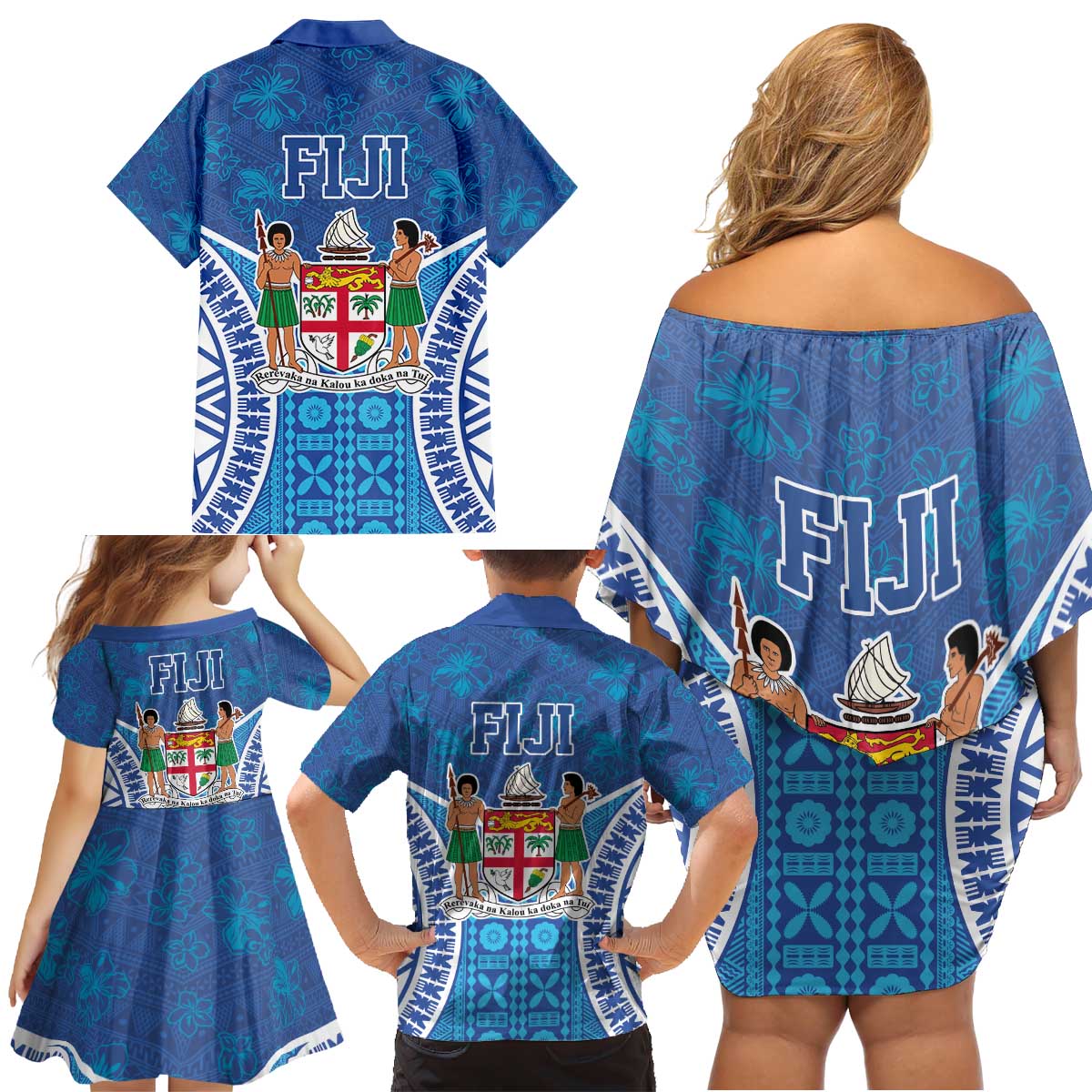 Fiji Day Family Matching Off Shoulder Short Dress and Hawaiian Shirt Fijian Masi Tribal Hibiscus Tattoo and Tapa Pattern