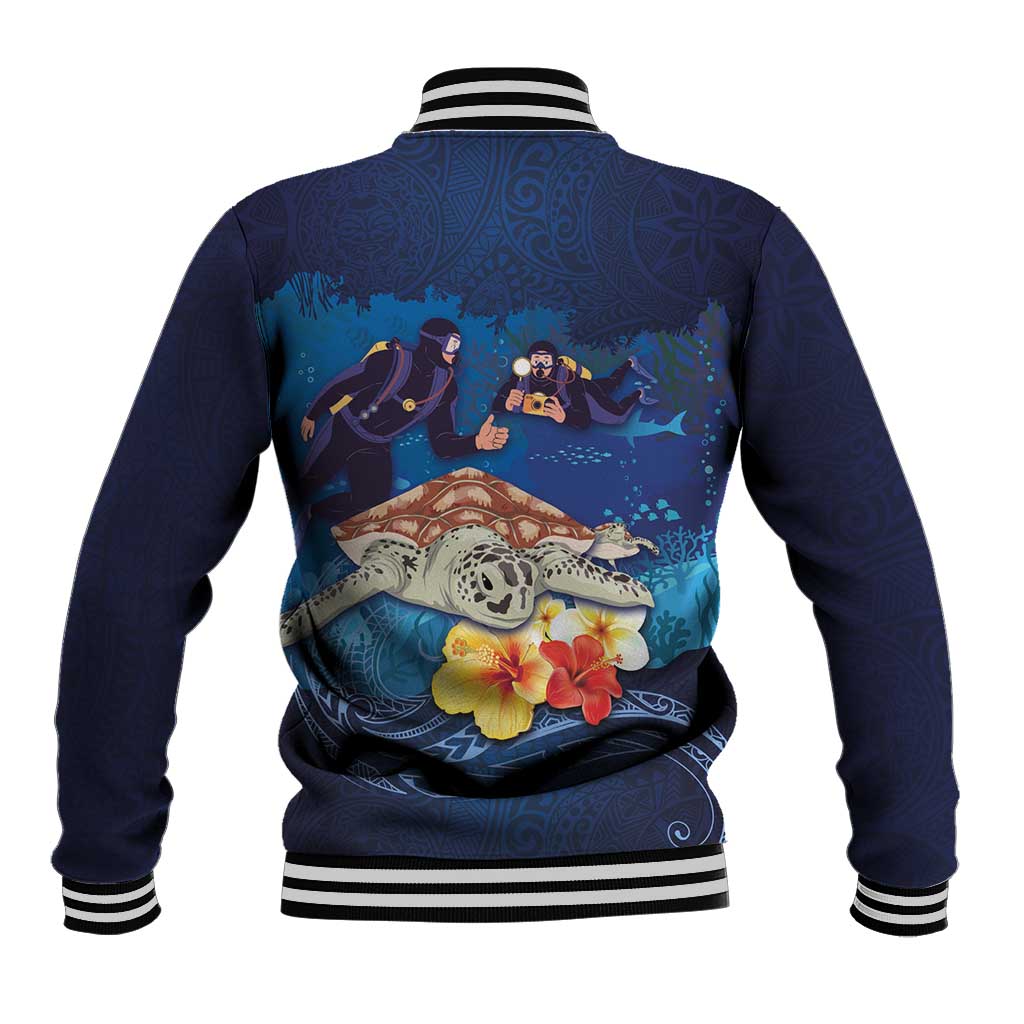Polynesian Scuba Diving Baseball Jacket Honu with Hibiscus and Plumeria Flower and Tapa Tribal Pattern
