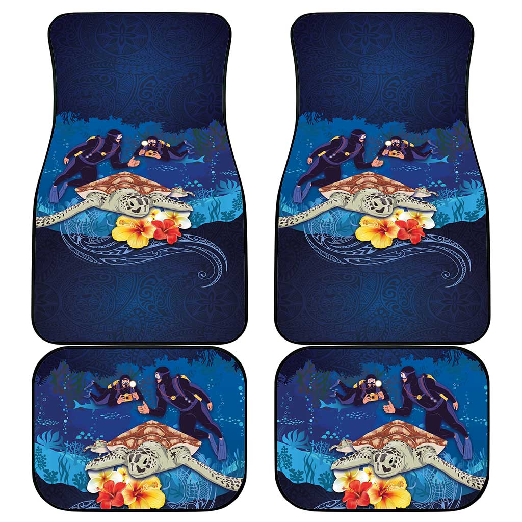 Polynesian Scuba Diving Car Mats Honu with Hibiscus and Plumeria Flower and Tapa Tribal Pattern