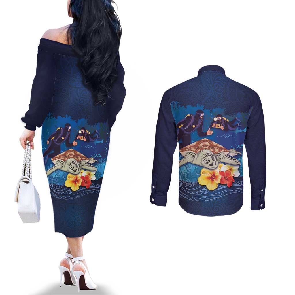 Polynesian Scuba Diving Couples Matching Off The Shoulder Long Sleeve Dress and Long Sleeve Button Shirt Honu with Hibiscus and Plumeria Flower and Tapa Tribal Pattern