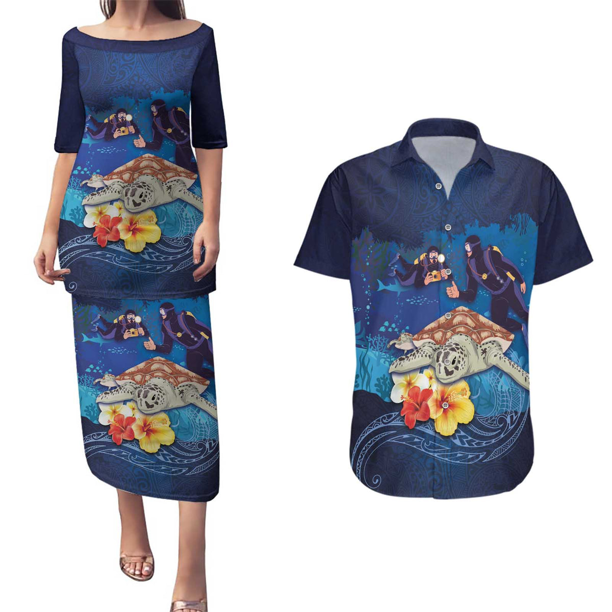 Polynesian Scuba Diving Couples Matching Puletasi and Hawaiian Shirt Honu with Hibiscus and Plumeria Flower and Tapa Tribal Pattern