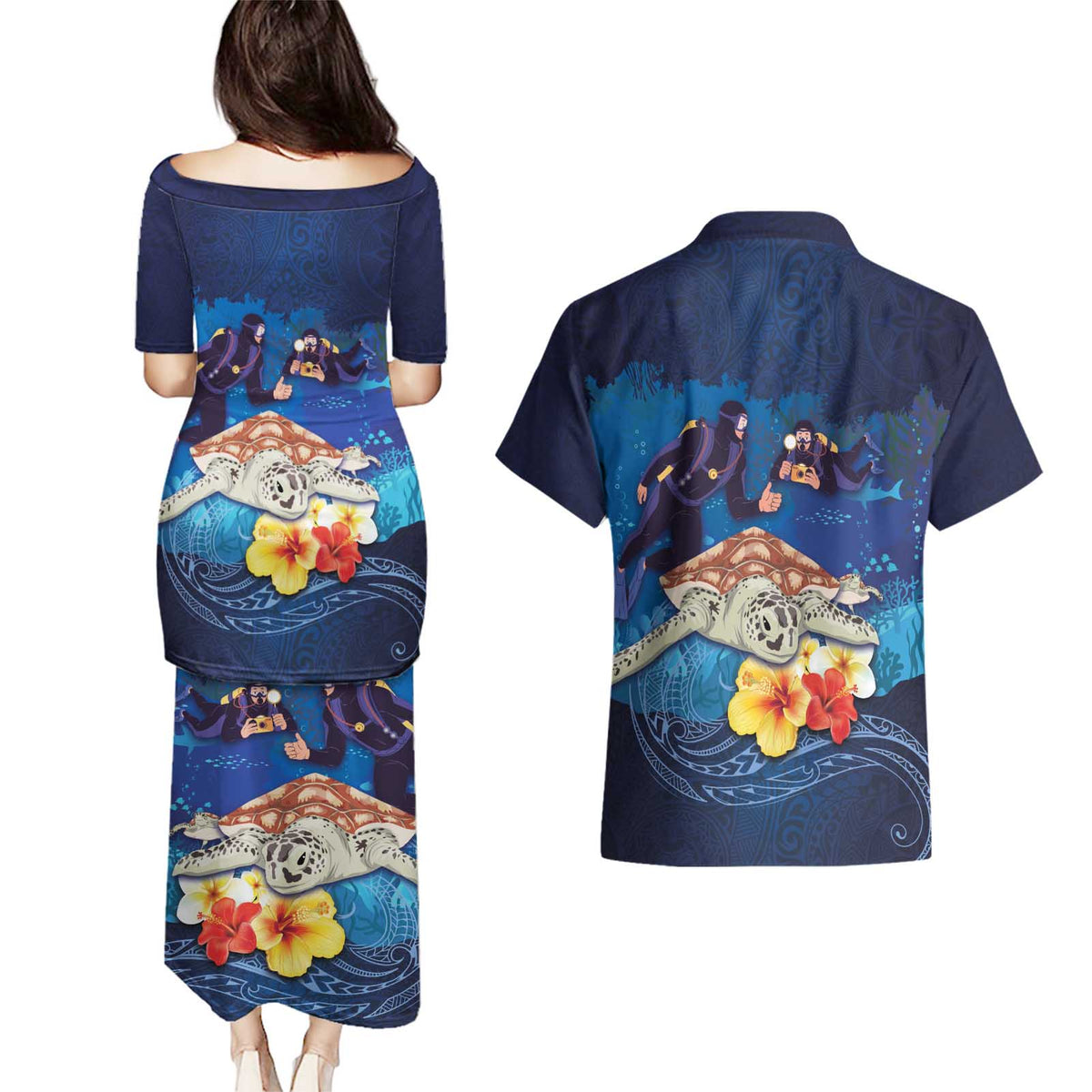 Polynesian Scuba Diving Couples Matching Puletasi and Hawaiian Shirt Honu with Hibiscus and Plumeria Flower and Tapa Tribal Pattern