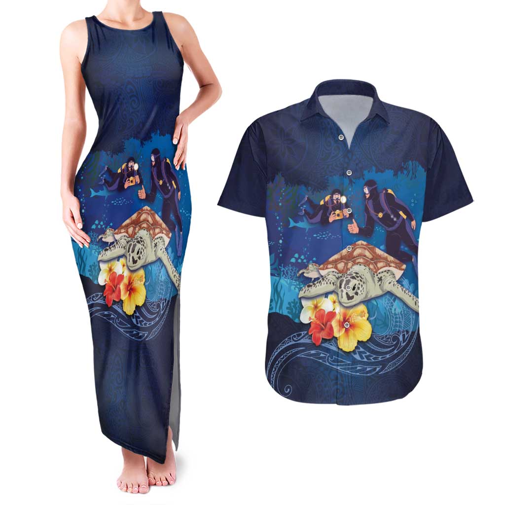 Polynesian Scuba Diving Couples Matching Tank Maxi Dress and Hawaiian Shirt Honu with Hibiscus and Plumeria Flower and Tapa Tribal Pattern