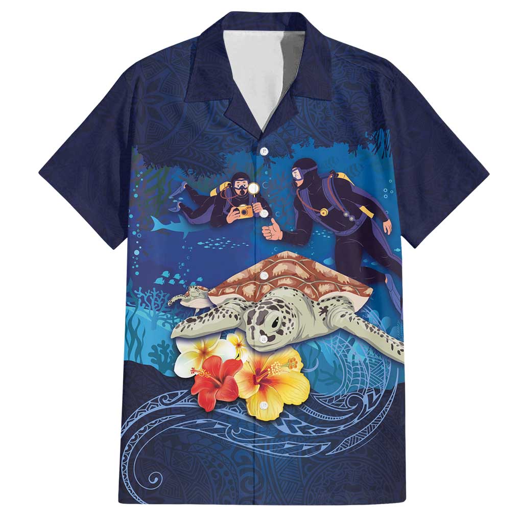 Polynesian Scuba Diving Family Matching Tank Maxi Dress and Hawaiian Shirt Honu with Hibiscus and Plumeria Flower and Tapa Tribal Pattern