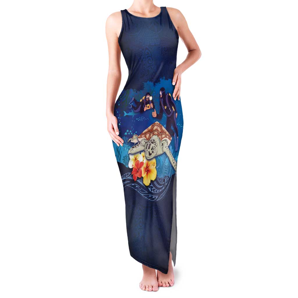 Polynesian Scuba Diving Family Matching Tank Maxi Dress and Hawaiian Shirt Honu with Hibiscus and Plumeria Flower and Tapa Tribal Pattern