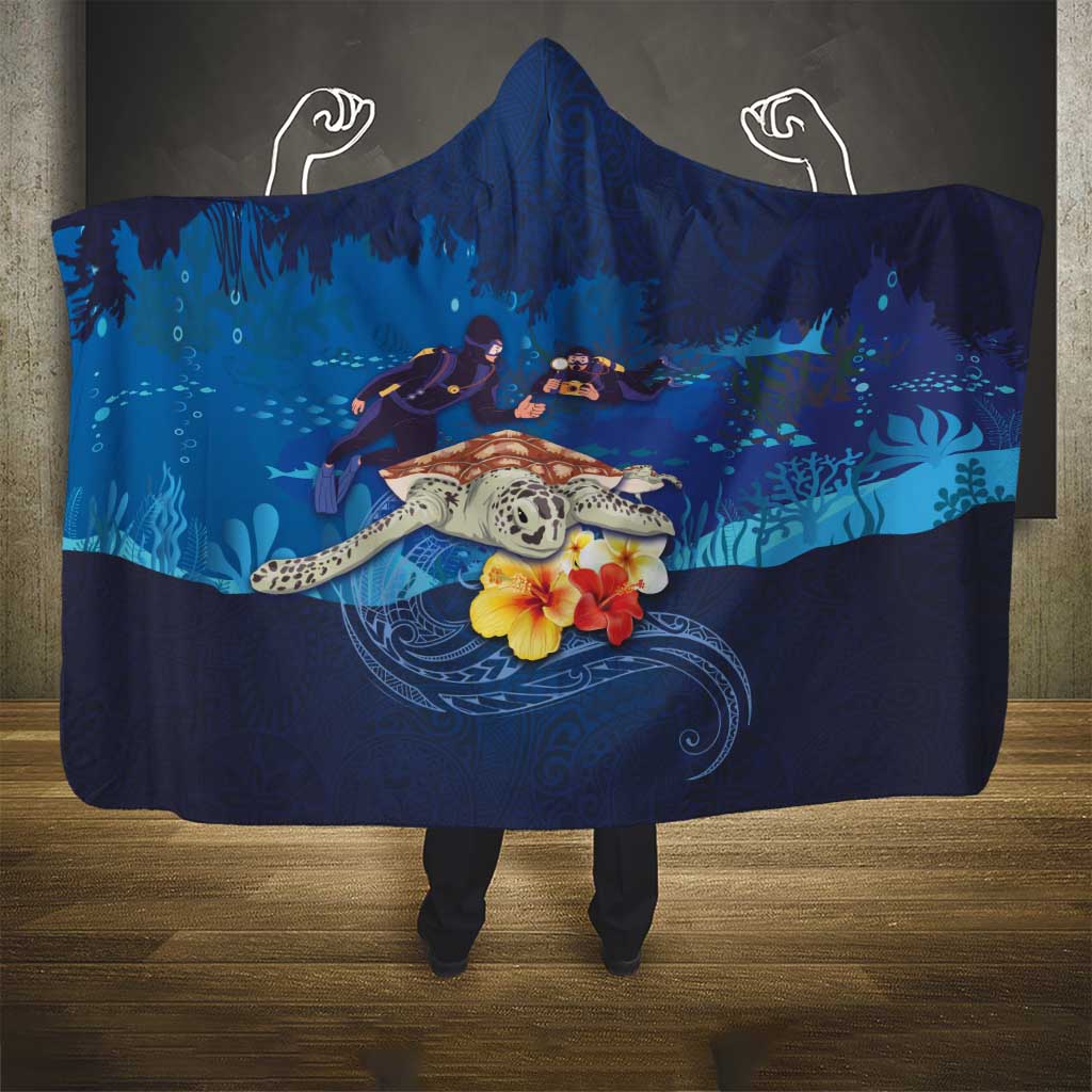 Polynesian Scuba Diving Hooded Blanket Honu with Hibiscus and Plumeria Flower and Tapa Tribal Pattern