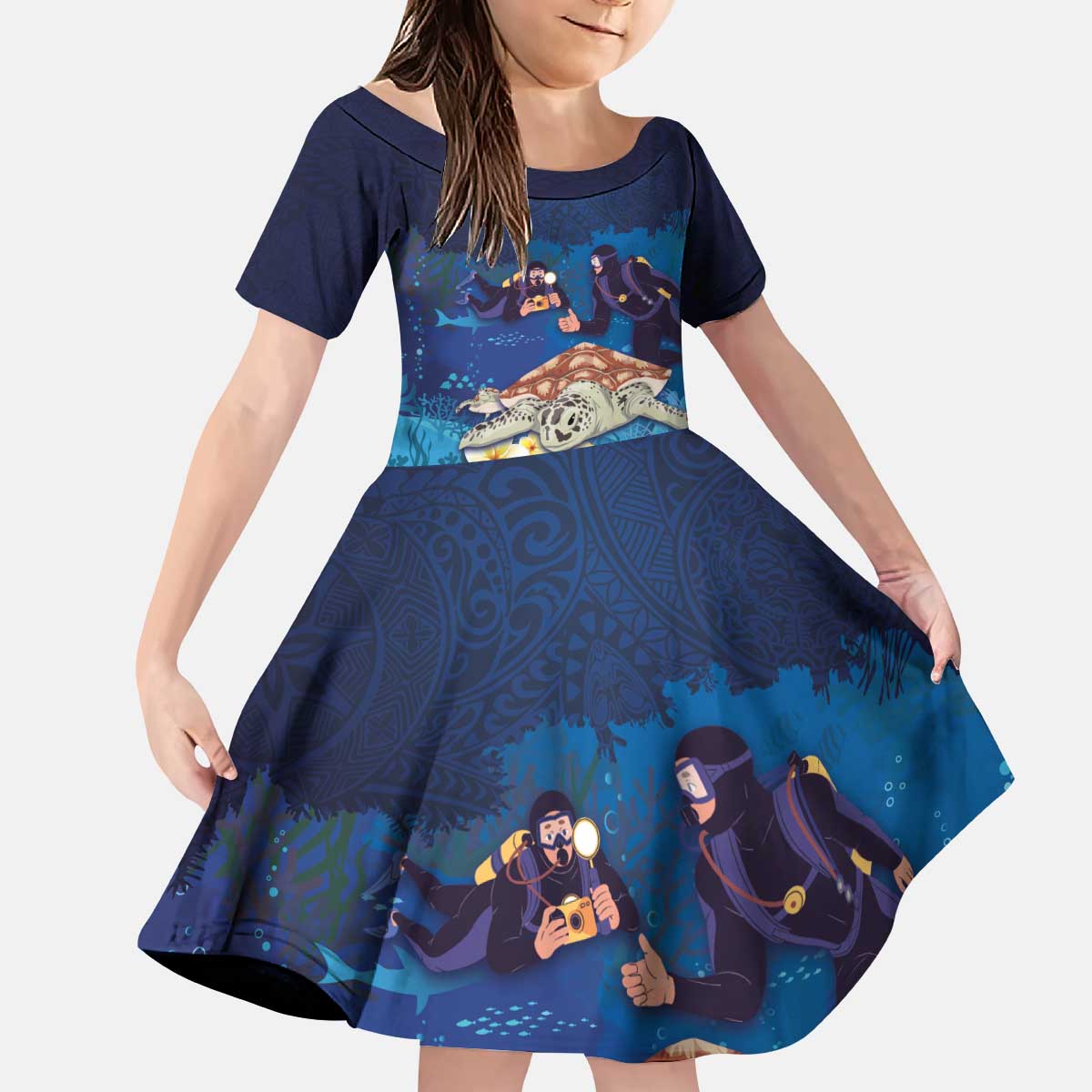 Polynesian Scuba Diving Kid Short Sleeve Dress Honu with Hibiscus and Plumeria Flower and Tapa Tribal Pattern