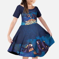 Polynesian Scuba Diving Kid Short Sleeve Dress Honu with Hibiscus and Plumeria Flower and Tapa Tribal Pattern